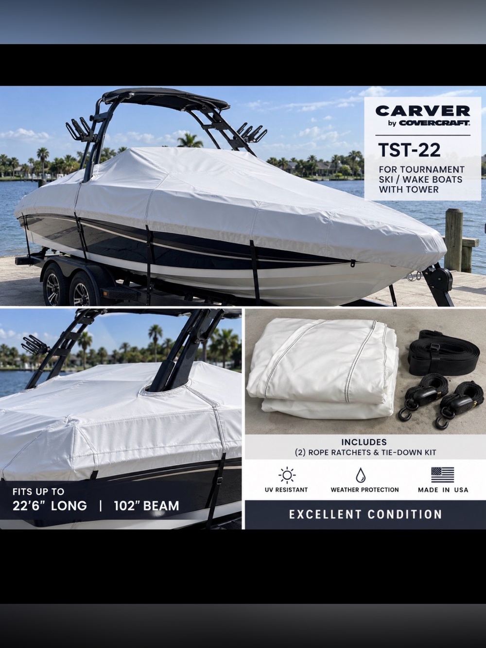 Carver TST-22 Boat Cover w/ Tower – 22’6” – Excellent Condition